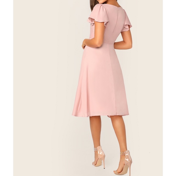 Pastel Pink Solid Flutter Sleeve Fit & Flare Dress - Picture 2 of 6